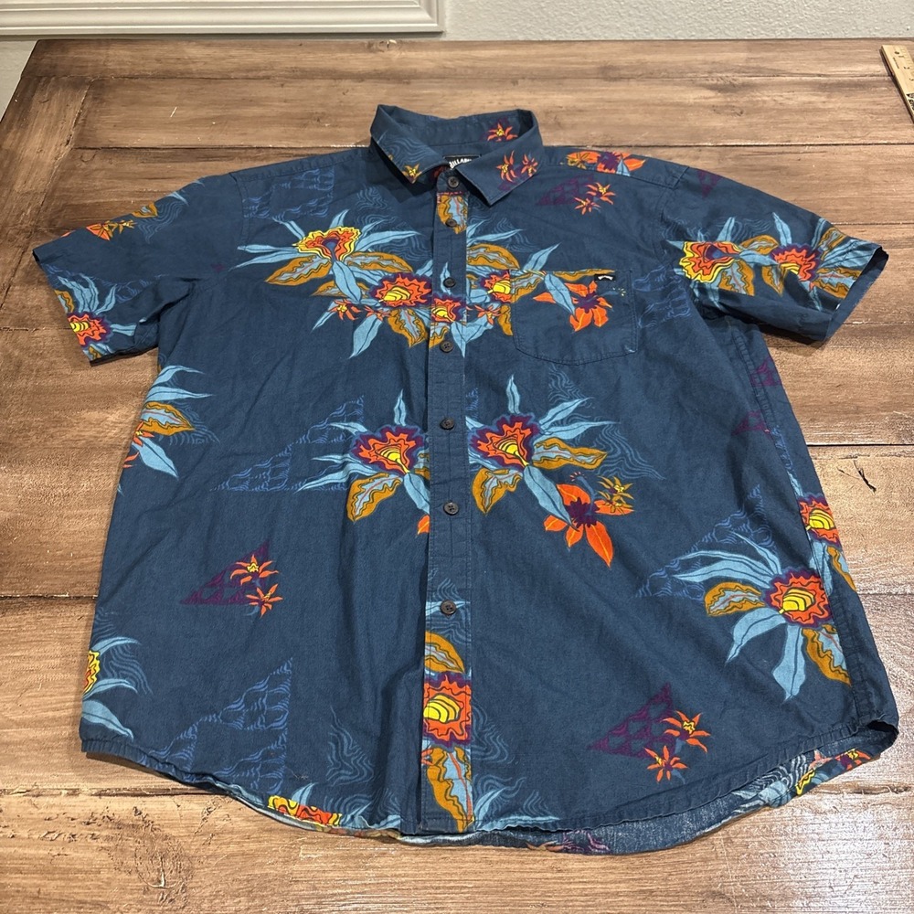 Billabong Shirt Mens Medium Blue Tropical Hemp Lyocell Adventure Division